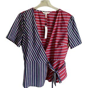 BCBGeneration Mixed Striped Cotton Wrap Top Women's Large Red Blue NEW NWT